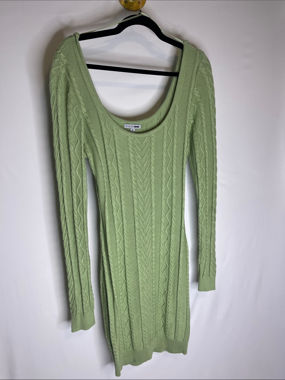 Fashion Nova Sage Green Cable Knit Scoop Neck Dress